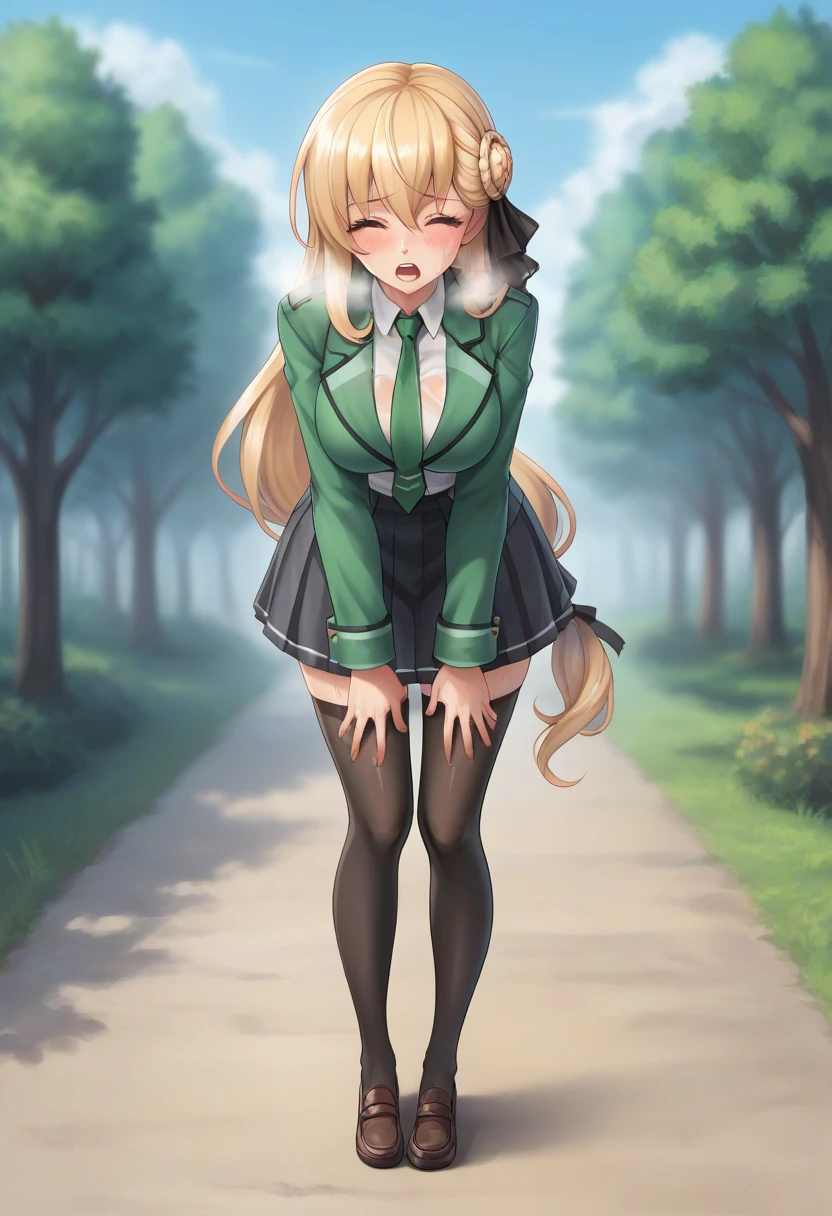 BREAK source_anime,
(1girl), (solo), ( full body shot), (front view), looking at viewer, outdoors, sky, trees, sfw, erotic
racoonsan,,  
 Agnes Claudel, beautiful body, beautiful face, beautiful breasts, thick tights, blonde hair, long hair, low-tied long hair, hair ribbon, blue eyes, large breasts, (see through clorhes), green school uniform, red necktie, black pleated skirt, black thighhighs, brown loafers, (standing up), (bending forward), (habds touching knees), exhausted, aroused, moaning, heavy breathing, in peril, wounded, (mouth open), (eyes closed), sweating, pain expression