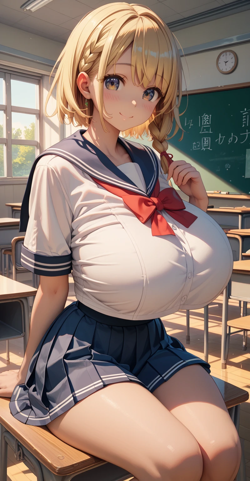 loose school uniform is sheer, button gap,(covered nipples:0.95),breasts,red white gold uniform,(side-tie peek:1.5),(button gap:1.5), white skirt, white top, red ribbon, golden buttons, golden shoulder pats, young adult, 19 years, (embarrassed,blush:1.5),blonde hair,half updo hair, open mouth,brown eyes, beautiful brown eyes, big breast, striking body curves, horny smile, pink lips, tiny girl, cute pose, masterpiece, classroom background, school,(perfect hands,two hand:1.5)