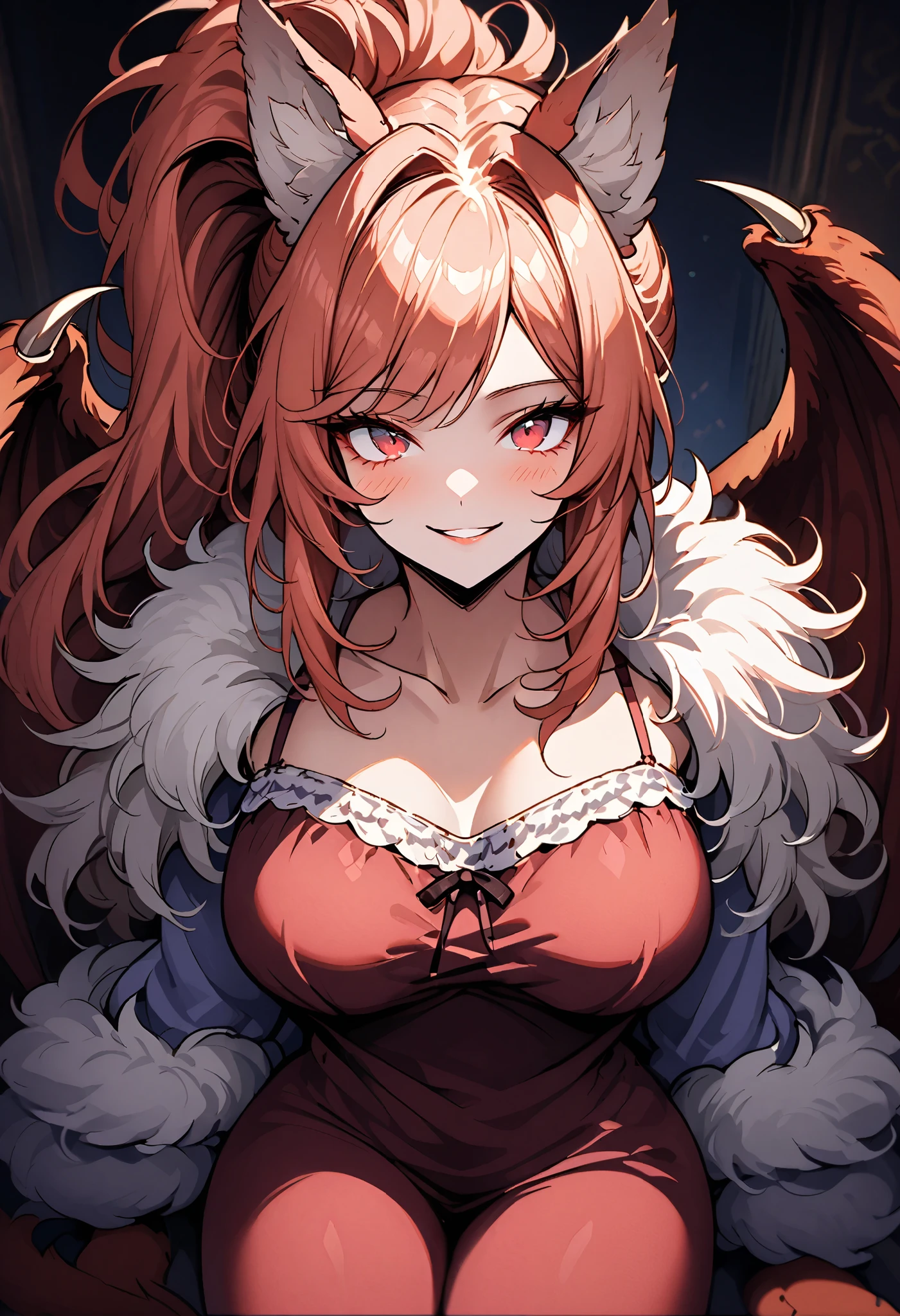 solo, close up, female, huge female, 7 foot tall, wide smile, friendly, red eyes, light red hair, long wavy hair, side-ponytail, neat straight hair, ManticoreMGE, monster girl, prehensile tail, animal ears, broad shoulders, muscular, slightly bulky body, fur, wings, claws, very large breasts, gazing at viewer, close-up, indoors, loving gaze, slight blush, extremely tall:1.3, victorian, living room, nightie, sitting on couch, cuddling, approaching, perspective