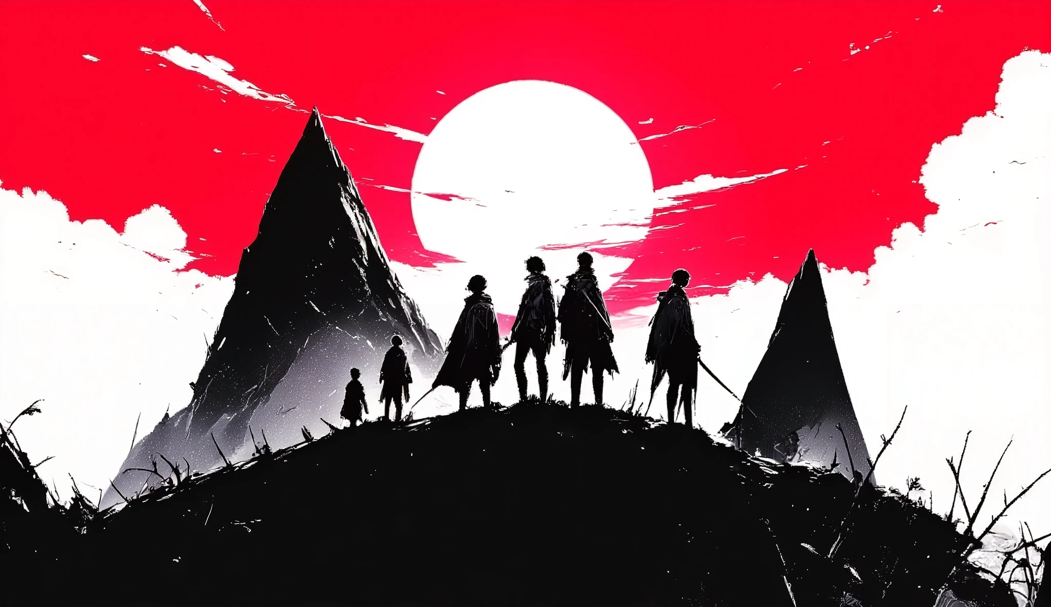 Image of a group of adventurers (anime) in three colors , white, black and red, standing on top of a mountain. In the center of the image is the sun in white, the mountain in black and the sky in red .