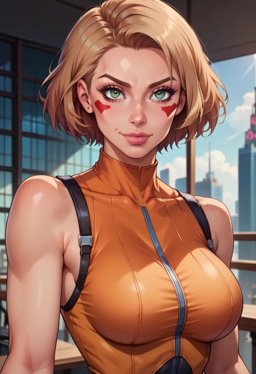 ((ultra quality)), ((tmasterpiece)), Alita Battle Angel, ((Black, Short Hair Hair)) (Beautiful cute face), (beautiful female lips), Charming, ((aroused expression)), looks at the camera with a gentle smile, eyes are slightly closed, (skin color white), Body glare, ((detailed beautiful female eyes)), ((light hazel eyes)), (juicy female lips), (beautiful female hands), ((perfect female figure)), perfect female body, Beautiful waist, gorgeous big thighs, beautiful breasts, ((Subtle and beautiful)), stands, (close-up of the face), (Alita costume) background: Cyberpunk city, Beautiful sunset, ((Depth of field)), ((high quality clear image)), (crisp details), ((higly detailed)), Realistic, Professional Photo Session, ((Clear Focus)), the anime