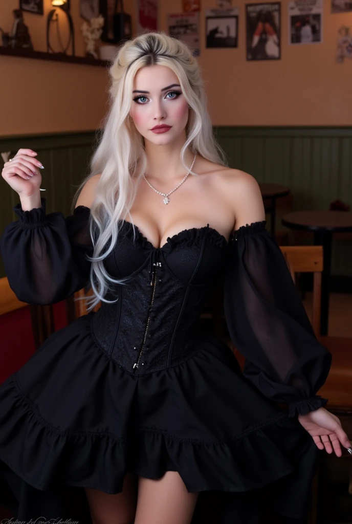 age 18, slim, e-girl, goth girl,( Masterpiece, 4k resolution, ultra-realistic, very detailed) long white hair with blue highlights, blue eyes, dressed as a prostitute in the old west, big 1800s style black dress, long sleeves, corset, 1800s style hairstyle, hair up,  small perky breasts, old western saloon background, cute girl, slim bodytype, 