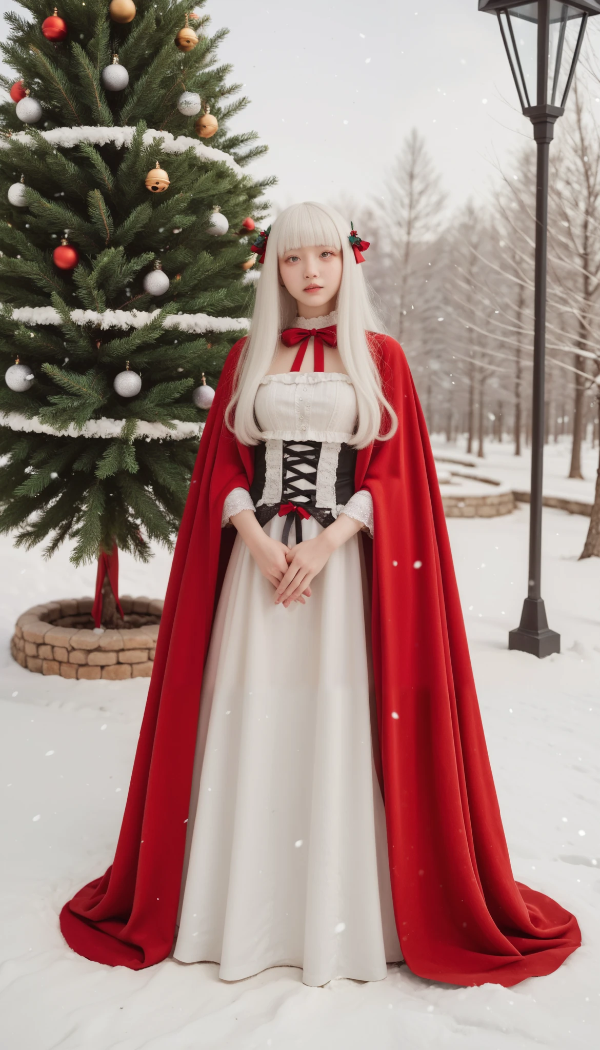 gothic lolita cosplay, cute girl, Red Cloak and Bells, masterpiece, (( long hair )), long white hair , very long straight hair, Short bangs, albino white skin, Pale yellow eyes , Narrow shoulders, Moderate breasts, white skin, skinny, ((( outdoor、 snowing 世界、 snowing )))、 Christmas Vibes , Christmas Neon, (((Night Time、 snows、 christmas tree )))