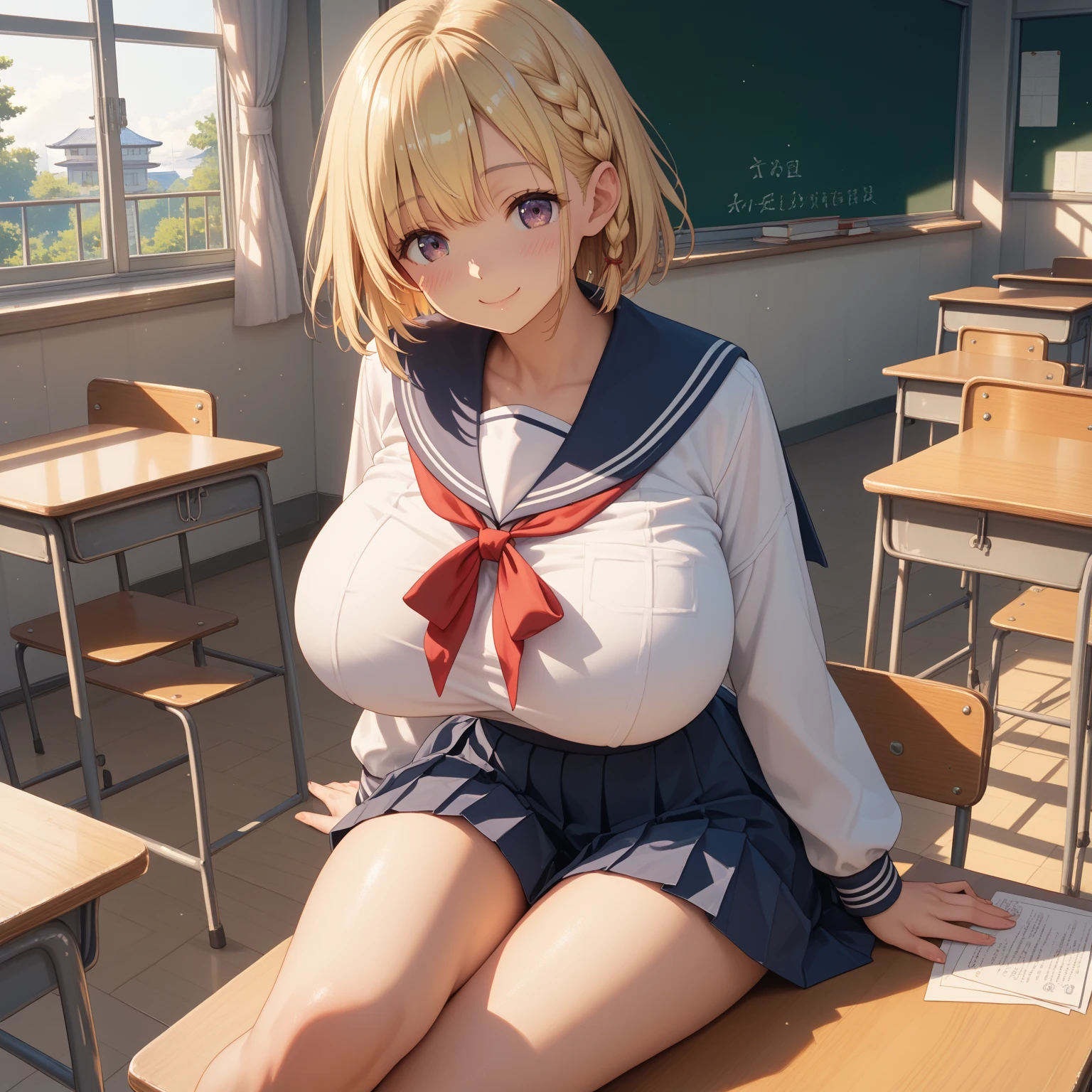 Solo （（（best quality））， （Super Detail）， 1 Girl，(Huge bust:1.5) Blonde straight hair，(Embarrassed face:1.5) School， Sitting in a chair、classroom， (I can see her white panties)  ， (Legs spread)， uniform， skirt，Nipple piercing，(The bra is see-through) Ear Piercing， Black choker， Loose tie， socks， Sailor collar， プリーツskirt， 白いsocks， 黒いskirt， Short sleeve、White shirt，Black Sailor Collar，Blue scarf，Mini Lingerie T-shirt、Beaded Bracelets，Clenching the wrist，，Open her mouth，Smile，By bangs，perfect hand，Detailed fingers of the hand