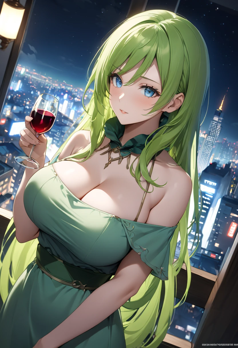  high definition ,  masterpieces , precise,  Best Quality ,  high detail, โมเดล high definition , The angle of the silhouette ,  Background Converter, City view at night,  Green Dress from TenSura Series - Tensei Shitara Slime Datta Ken, Treyni, Long hair,  green hair ,  blue eyes, Black pupil,  redhead,  big breasts, Wear , Holding a glass of wine