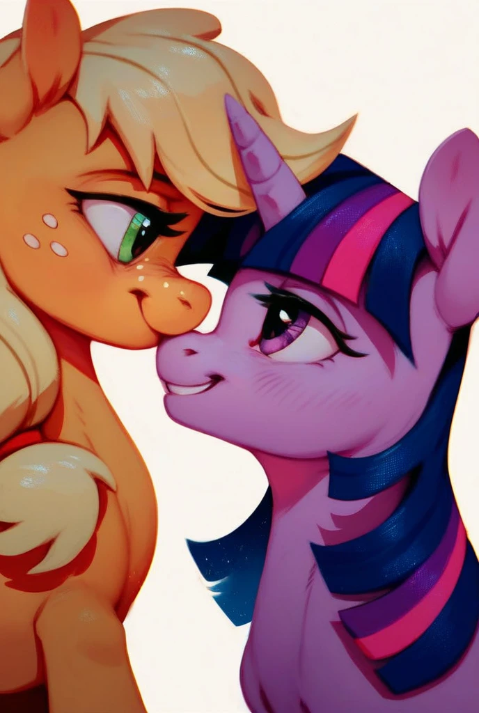 Twilight Sparkle; Applejack; Ponies; Two Girls; Pony; Twilight raising Applejack’s hat; Applejack blushing; Twilight Smiling; Happy; 2D; Flat Color; Sketch; Romantic; Alicorn Twilight; Earth Pony Applejack