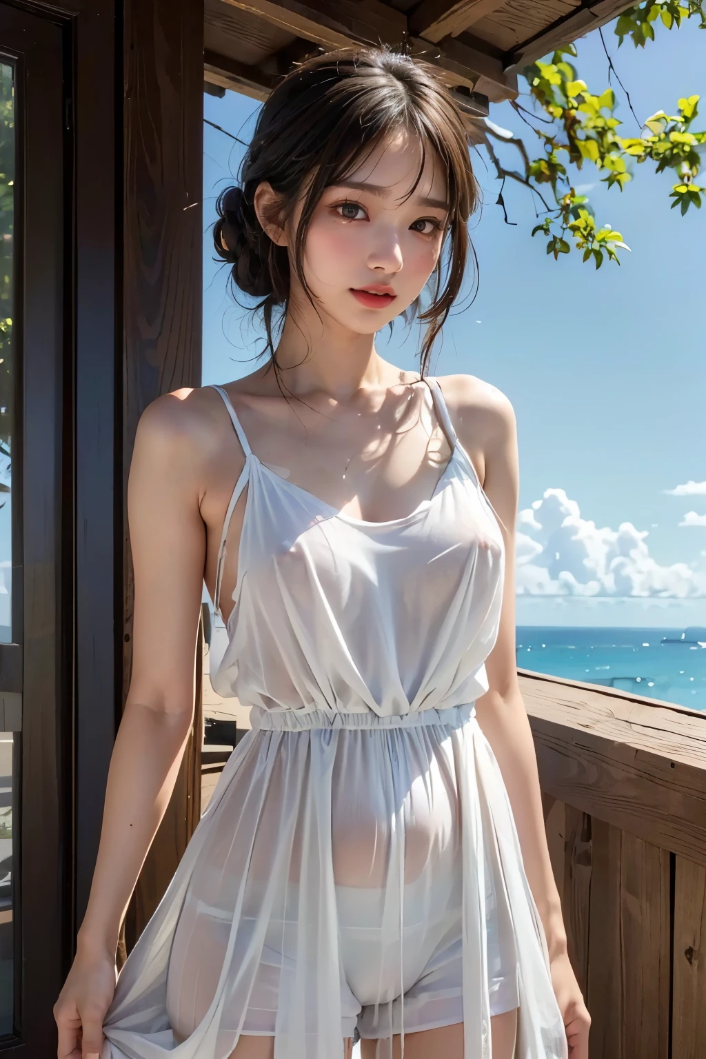 Sweet girl clothes8,(gem:1.3), fashi-girl. red lips, mature female, makeup, (best quality, masterpiece:1.2), ultra-detailed, (realistic:1.37), beautiful, youthful, glamorous model with (detailed eyes, detailed lips, extremely detailed eyes), with white and floral colors, showcasing a radiant smile, slender figure, long legs, creating a breathtaking depiction of a girl enjoying the sunshine, Outdoor sports, the beach, on the pier, Warm tones, extremely high color saturation, official art, extremely detailed CG unified 8k wallpaper,(High dynamic range :1.4), (cinematic),(soft colors, dull colors, soothing tones :1.3), (natural skin texture, ultra-realistic, soft light, sharp),(very detailed), professional lighting, leaning against the guardrail, looking into the distance