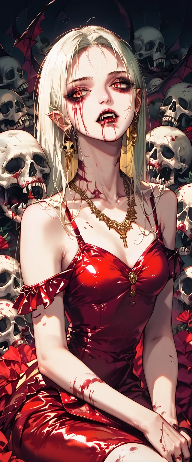  You can see a flat detail of the shoulders, A woman's collarbones and neck , Vampire bite on the neck, blood, has a necklace, nice view, elegant neckline,  elegant dress,  gold dress,  dead flowers , bats, skulls . Detail shot