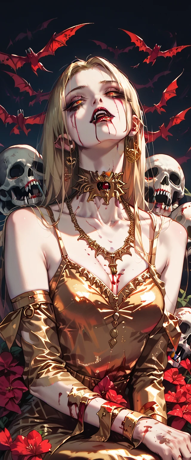  You can see a flat detail of the shoulders, A woman's collarbones and neck , Vampire bite on the neck, blood, has a necklace, nice view, elegant neckline,  elegant dress,  gold dress,  dead flowers , bats, skulls . Detail shot