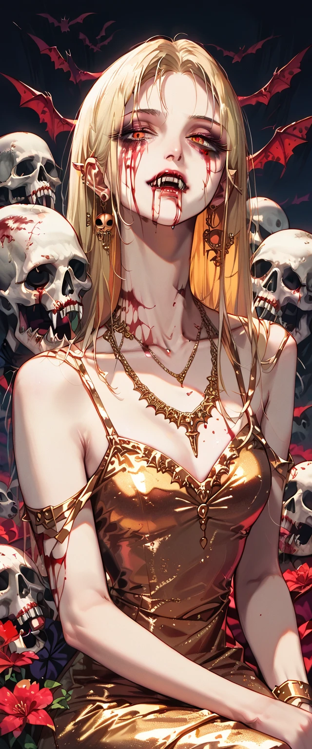  You can see a flat detail of the shoulders, A woman's collarbones and neck , Vampire bite on the neck, blood, has a necklace, nice view, elegant neckline,  elegant dress,  gold dress,  dead flowers , bats, skulls . Detail shot