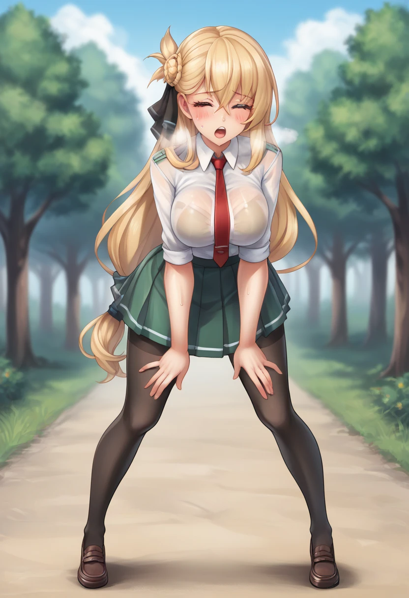 BREAK source_anime,
(1girl), (solo), ( full body shot), (front view), looking at viewer, outdoors, sky, trees, sfw, erotic
racoonsan,,  
 Agnes Claudel, beautiful body, beautiful face, beautiful breasts, thick tights, blonde hair, long hair, low-tied long hair, hair ribbon, blue eyes, large breasts, (see through clothes), green school uniform, (red necktie), black pleated skirt, black thighhighs, brown loafers, (standing up), (bending forward), (habds touching knees), exhausted, aroused, moaning, heavy breathing, in peril, (mouth open), (eyes closed), sweating, worried expression