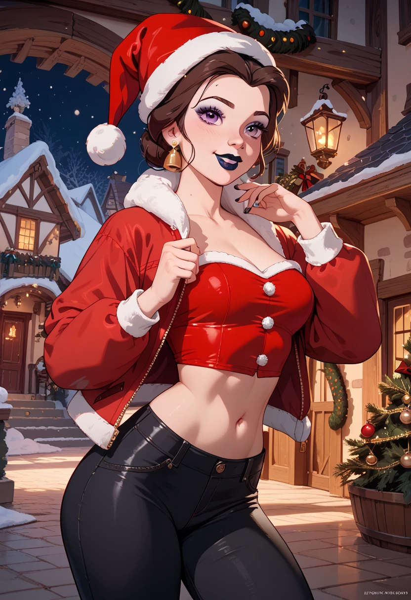 1woman, solo, long hair, brown hair, gloves, bare shoulders, green eyes, elbow gloves, lips, christmas, santa hat, red gloves, santa costume, realistic, in cozy christmas workshop, skimpy, colorful, high contrast, intricate background, highly detailed skin, 8k, uhd,(sfw),Vintage Postage Stamps