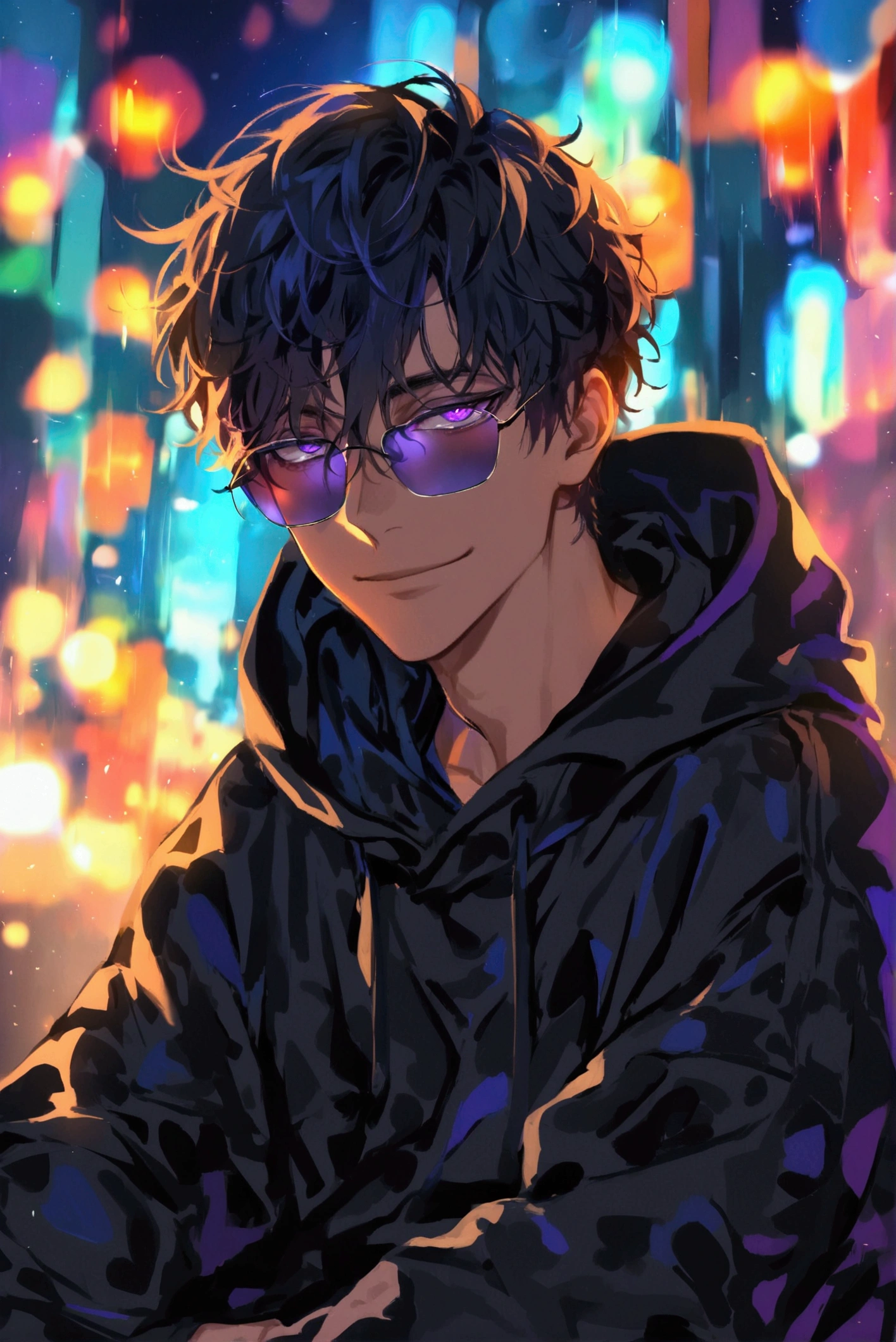 (solo), (1 male), (1 man), handsome men, (one man with black hair, purple eyes), short hair, messy hair, sunglasses,black oversized hoodie((masterpiece)), (dark background: 1.3), (stylish), dynamic angle, (detailed face, detailed eyes, proportional hands, proportional anatomy), sitting in a relaxed pose, sinister atmosphere, a nihilistic smile