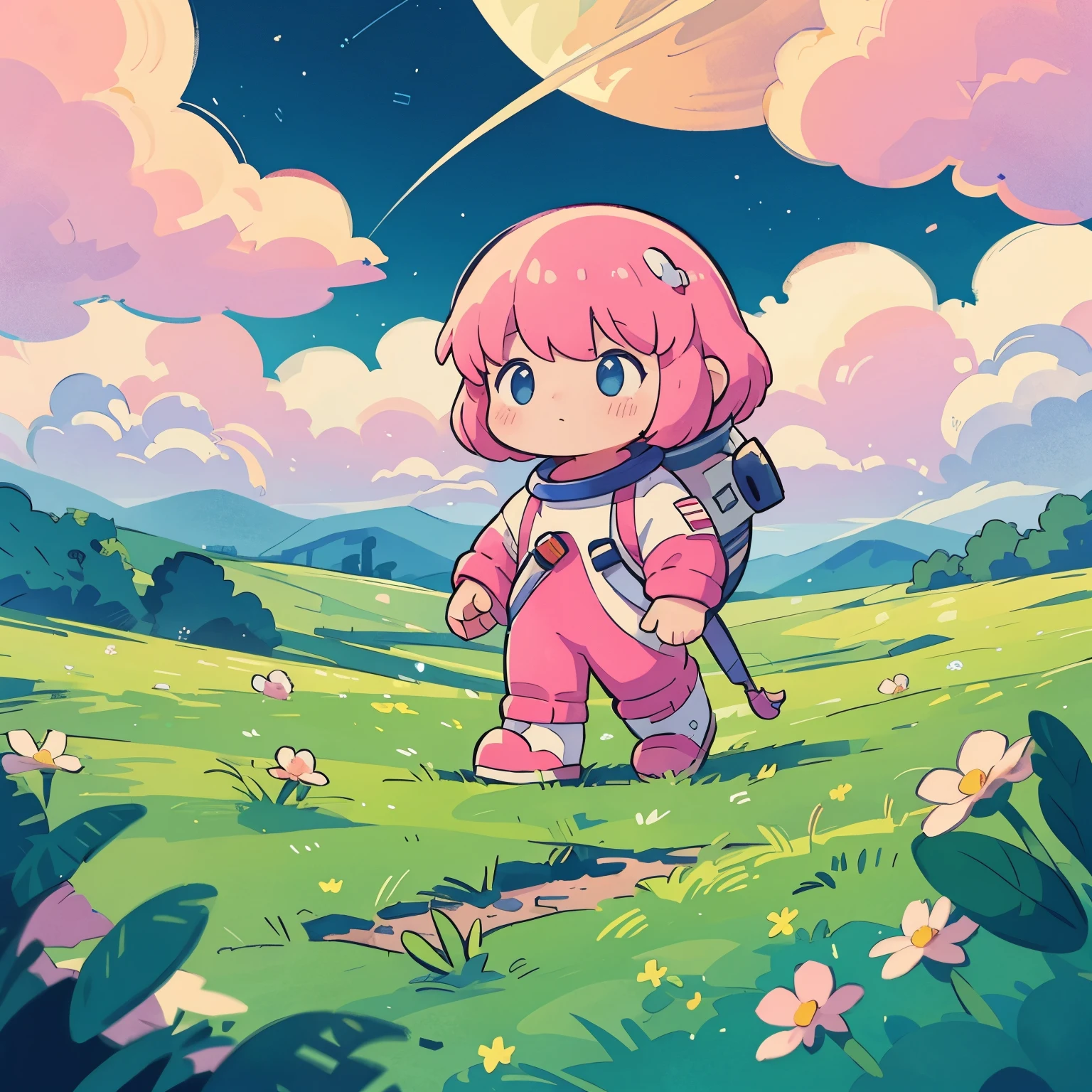 Anime girl in pink outfit walking in a field with a moon in the ...