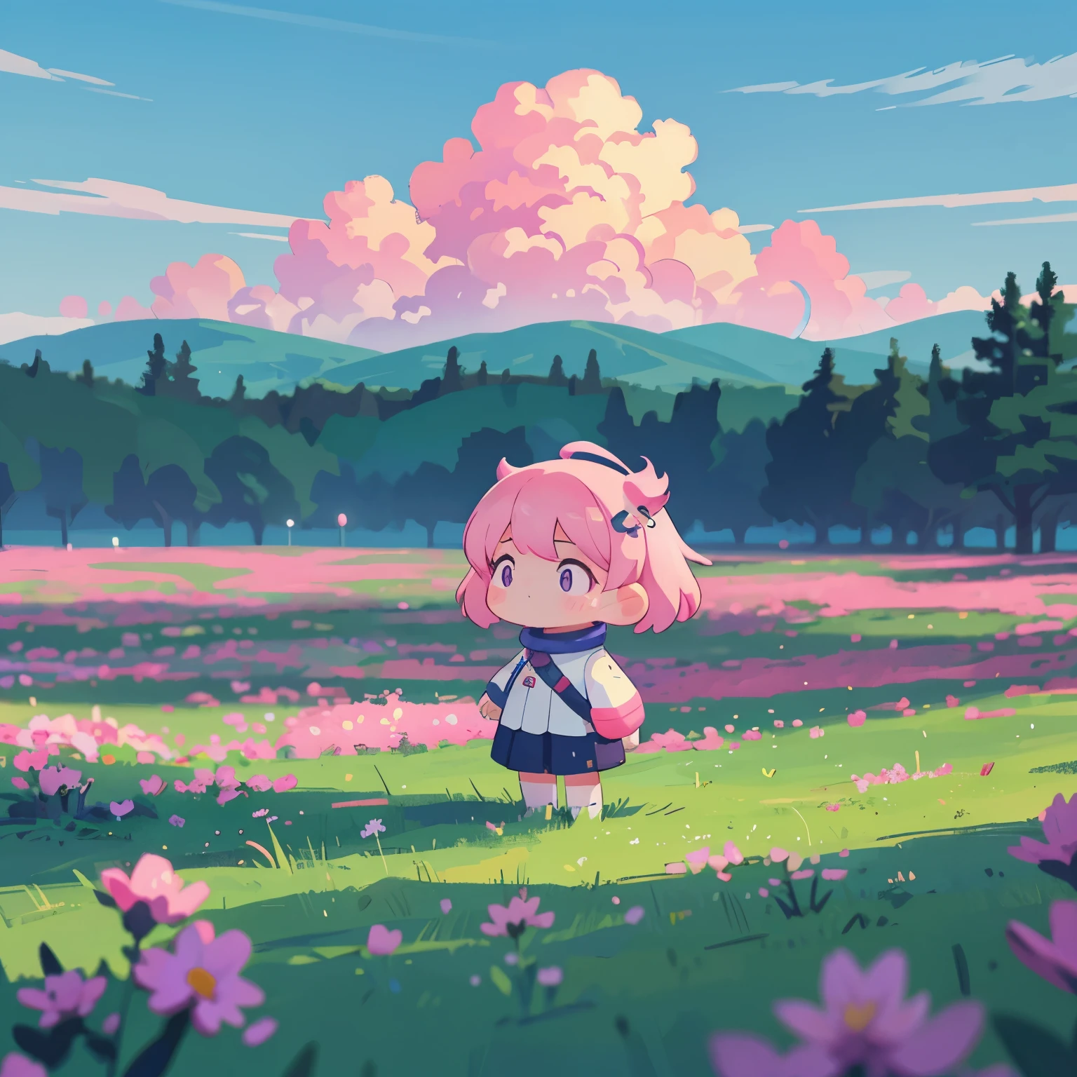 a lone astronaut walking through a field of colorful flowers, pink clouds drifting overhead, mystical atmosphere, (best quality,4k,8k,highres,masterpiece:1.2),ultra-detailed,(realistic,photorealistic,photo-realistic:1.37),dramatic lighting,moody colors,cinematic,surreal landscape,lonely astronaut,floating pink clouds,alien world,dreamlike,intricate details,ethereal,melancholy,introspective,atmospheric