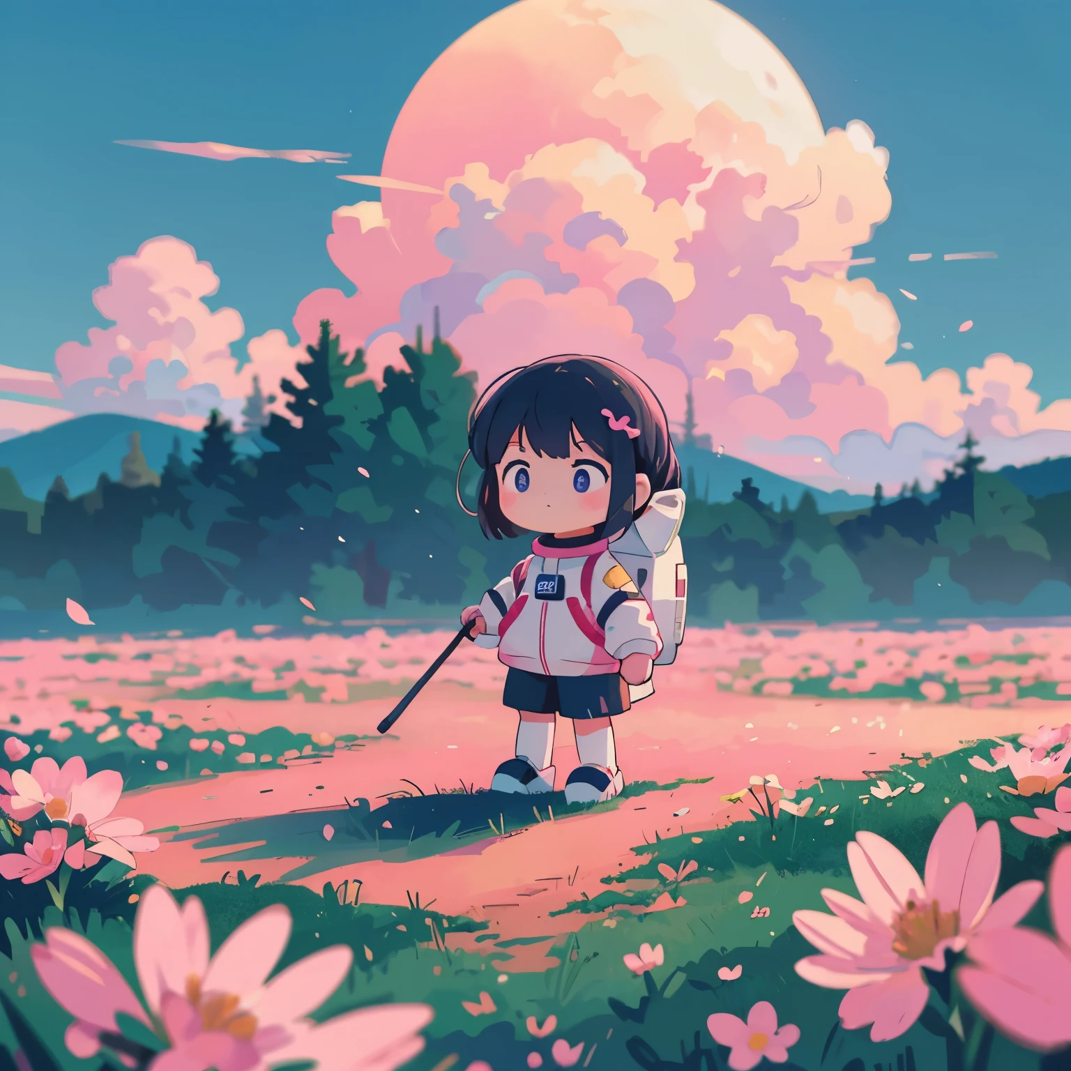 a lone astronaut walking through a field of colorful flowers, pink clouds drifting overhead, mystical atmosphere, (best quality,4k,8k,highres,masterpiece:1.2),ultra-detailed,(realistic,photorealistic,photo-realistic:1.37),dramatic lighting,moody colors,cinematic,surreal landscape,lonely astronaut,floating pink clouds,alien world,dreamlike,intricate details,ethereal,melancholy,introspective,atmospheric