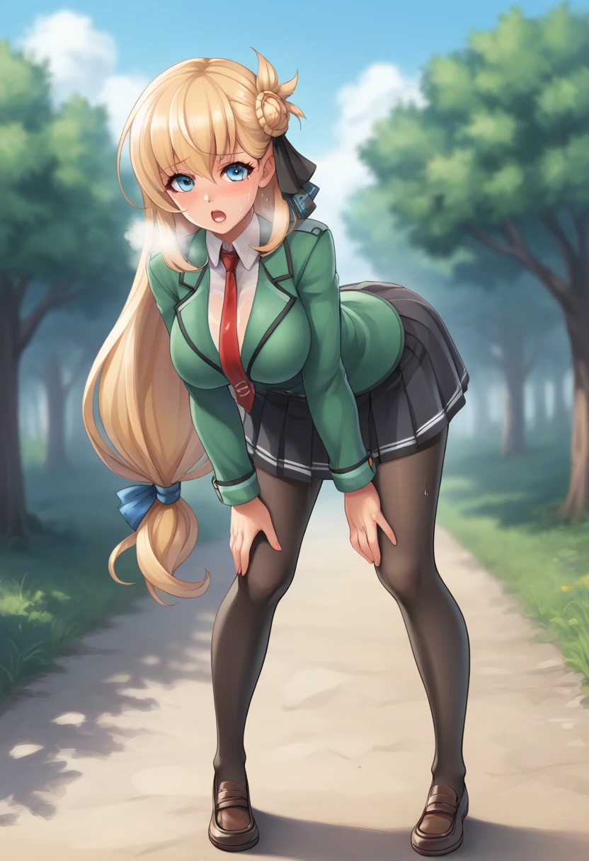 BREAK source_anime,
(1girl), (solo), ( full body shot), (front view), looking at viewer, outdoors, sky, trees, sfw, erotic
racoonsan,,  
 Agnes Claudel, beautiful body, beautiful face, beautiful breasts, thick tights, blonde hair, long hair, low-tied long hair, hair ribbon, blue eyes, large breasts, (see through clothes), green school uniform, (red necktie), black pleated skirt, black thighhighs, brown loafers, (standing up), (bending forward), (habds touching knees), exhausted, aroused, moaning, heavy breathing, in peril, (mouth open), (eyes closed), sweating, worried expression