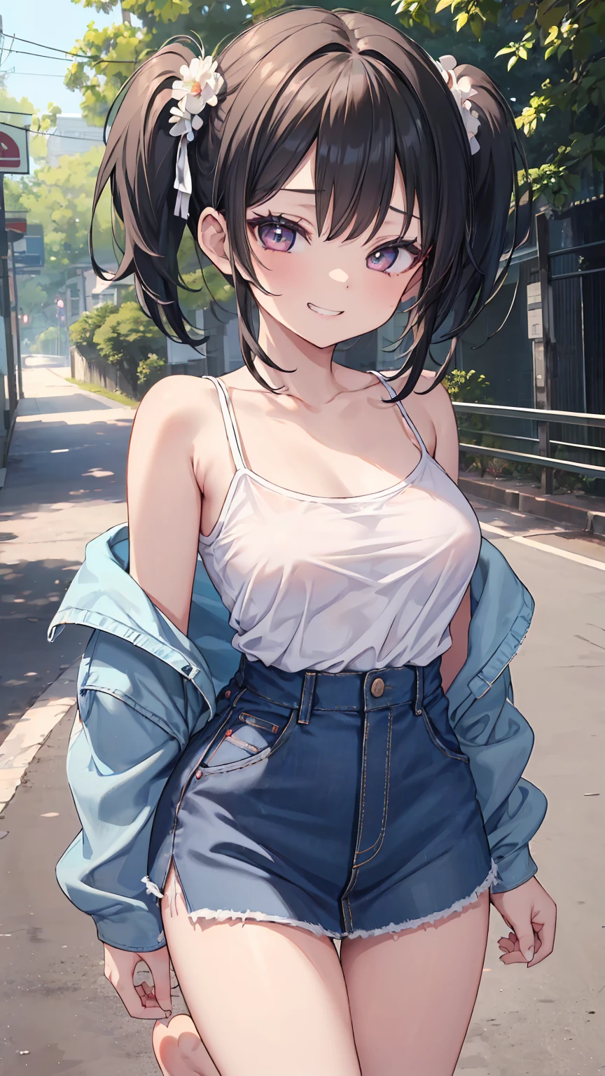 (8k、 top quality 、 top quality 、masterpiece)、 detailed face 、 One Girl 、  black hair、 short hair、 twin tails、 Evil Smiles 、grin、(( white camisole))、(( be careful when browsing barefoot in denim miniskirt ))、 cowboy carrying bodies shot 、back road background 、 breasts、 nipples are visible