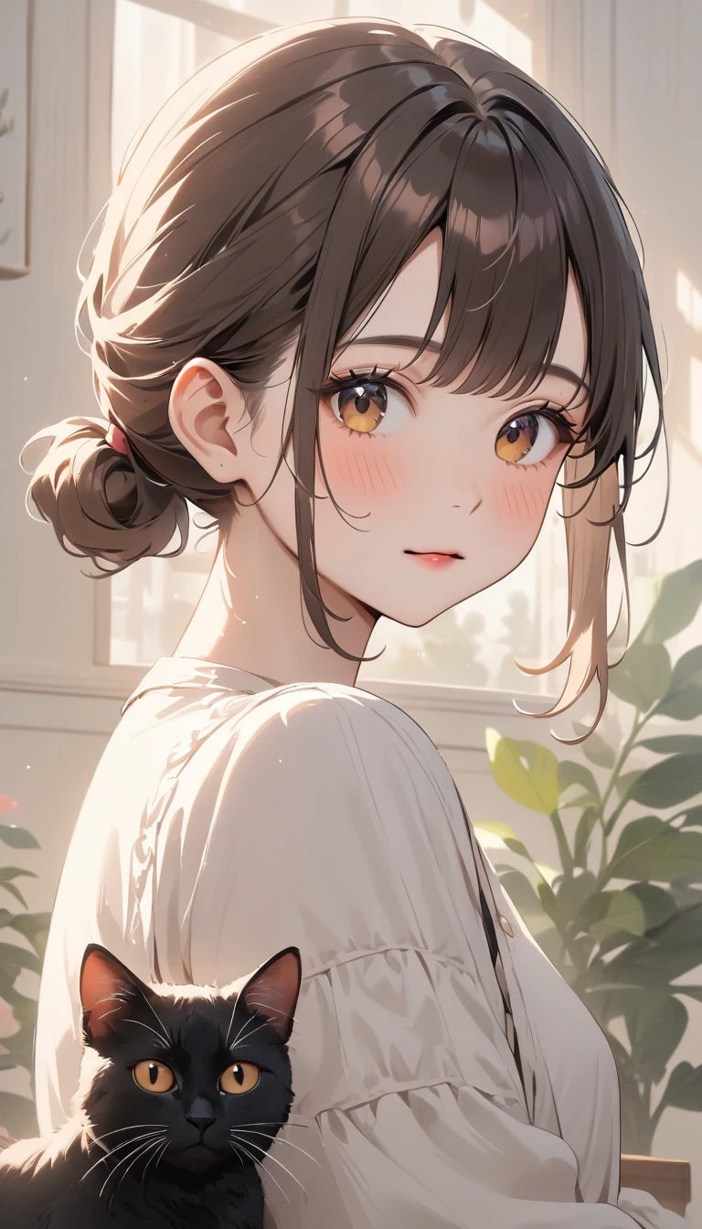 highest quality、Black catを抱く女の子、cute  girl、Bun hair with brown hair tied、Black cat、natural look、long shot、Natural light