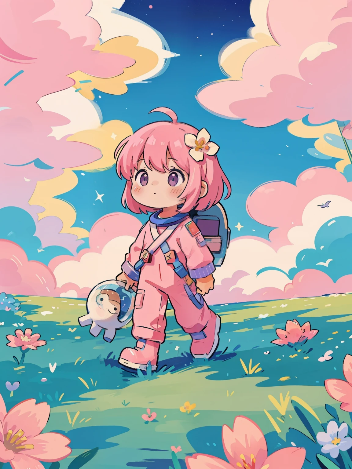 Astronaut walks through a sea of flowers dotted with pink clouds，Lonely Astronaut，Astronauts cannot leave this planet，The astronaut is lost in the infinite universe.