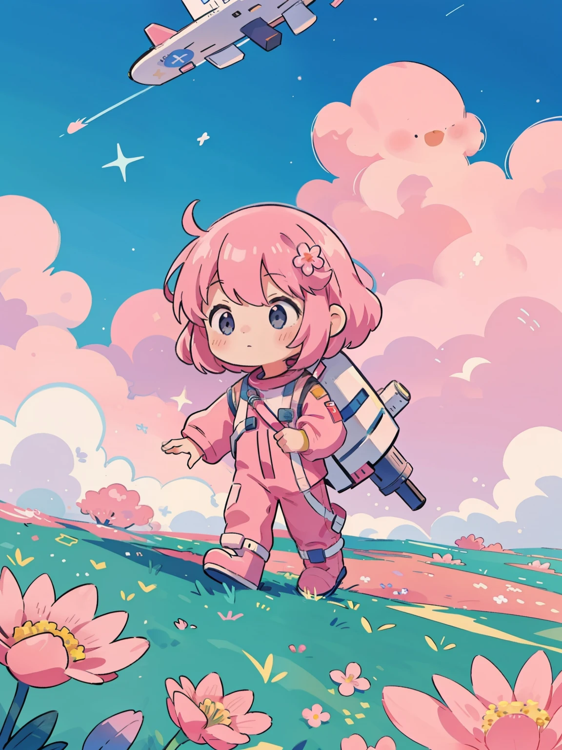 Astronaut walks through a sea of flowers dotted with pink clouds，Lonely Astronaut，Astronauts cannot leave this planet，The astronaut is lost in the infinite universe.