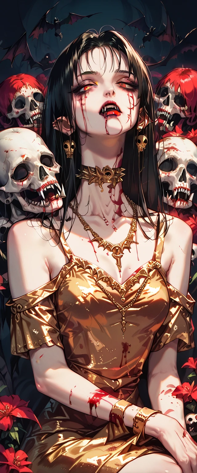  You can see a flat detail of the shoulders, A woman's collarbones and neck , Vampire bite on the neck, blood, has a necklace, nice view, elegant neckline,  elegant dress,  gold dress,  dead flowers , bats, skulls . Detail shot