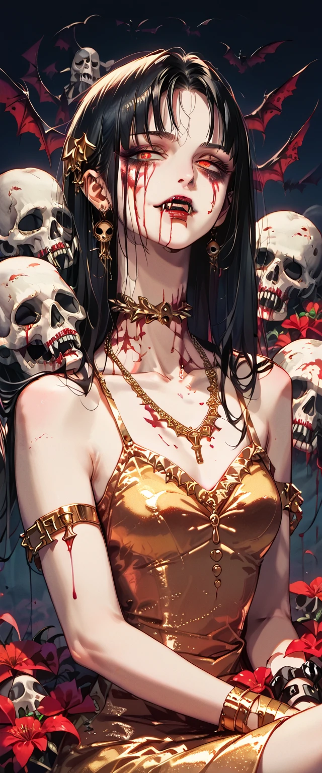  You can see a flat detail of the shoulders, A woman's collarbones and neck , Vampire bite on the neck, blood, has a necklace, nice view, elegant neckline,  elegant dress,  gold dress,  dead flowers , bats, skulls . Detail shot