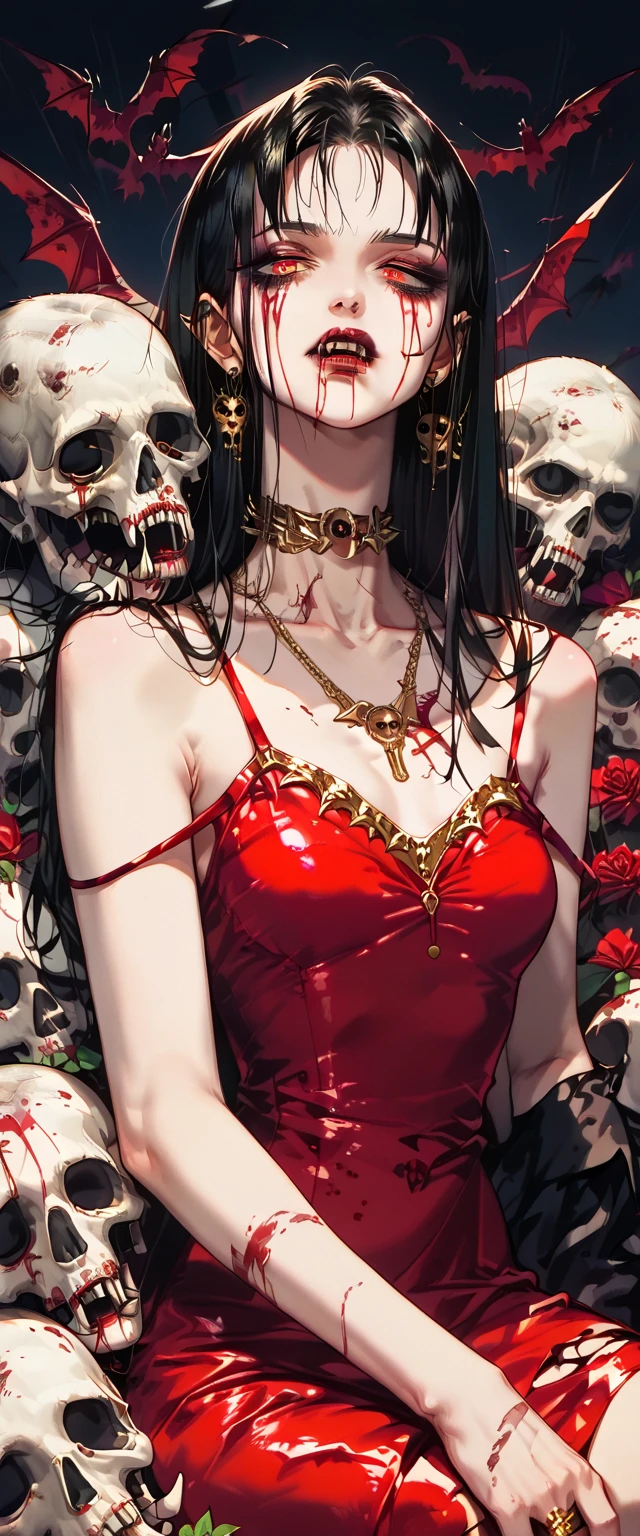  You can see a flat detail of the shoulders, A woman's collarbones and neck , Vampire bite on the neck, blood, has a necklace, nice view, elegant neckline,  elegant dress,  gold dress,  dead flowers , bats, skulls . Detail shot