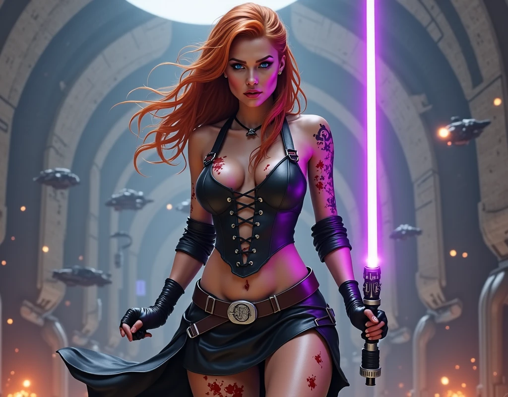 (masterpiece, best quality)), ((((perfect anatomy)))), Curvy Latina with red pigtails, dark green eyes, dark red lipstick, ((elaborate sci-fi orange black and white dress)) (((blue beam saber))), digital domain background, (((photo realistic)))