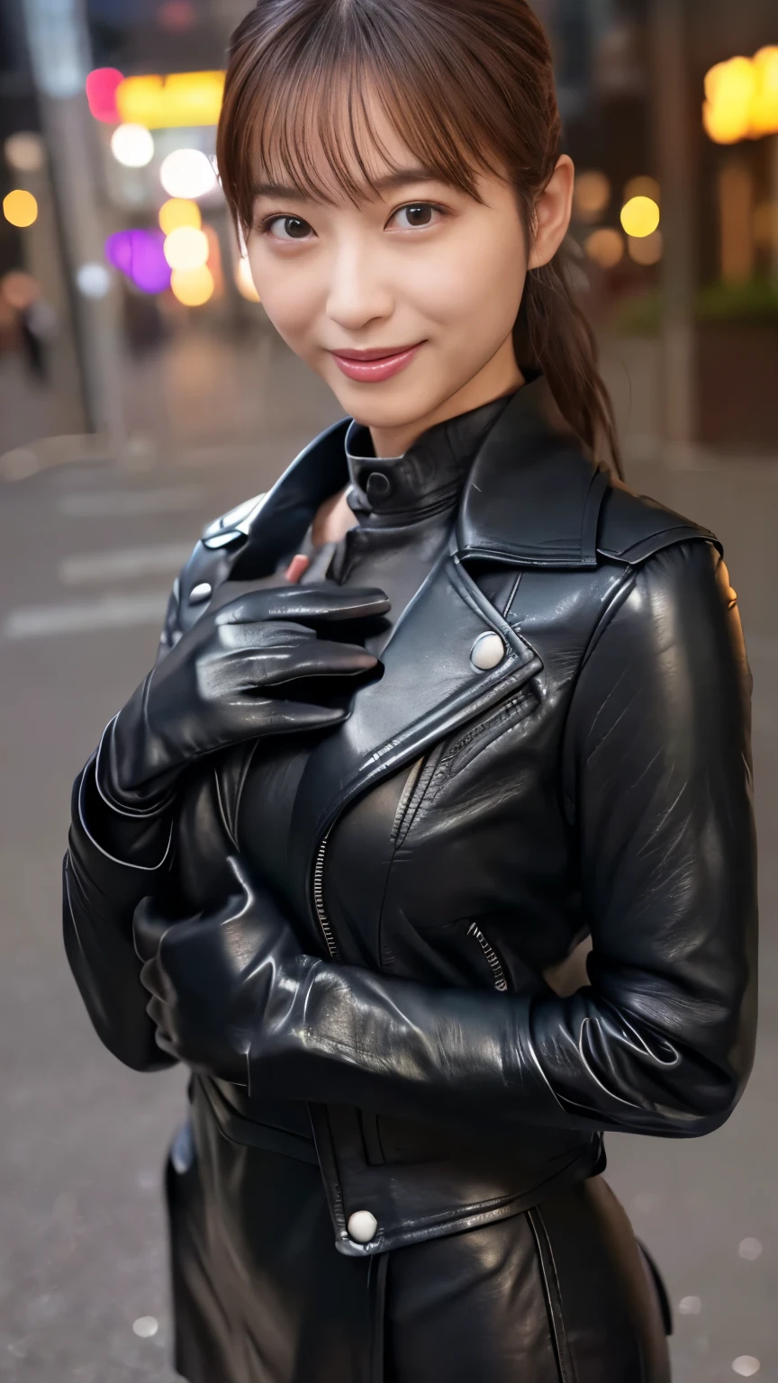 ( glossy black leather riders jacket:1.2), Office in the Dark, Black leather gloved fingertips on both hands,Wearing black leather gloves,Sitting in a black leather chair、 Japanese female new recruits (Black leather gloves cover both hands:1.4) (The angle is in front )、Black Leather Pants,Black Leather Black Leather Pants, black leather skinny pants 、(very tight fit:1.4). Black long leather boots on both feet、 dark hair ponytail that shines when wet((She wears black leather gloves on her hands:1.4))(Full Body Photo:1.3), full body shot full body full body leather suit ,☺(Long boots plus leather pants boots in :1.5)、Full body shot from head to toe、very tight fit. Wearing black leather gloves,Wearing black leather gloves,Wearing black leather gloves,Wearing black leather gloves,Wearing black leather gloves,Wearing black leather gloves,黒のレザーパンツが美しい😍黒のレザーパンツが美しい😍黒のレザーパンツが美しい,😍こちらを見ながら笑faceで微笑んでる,City lights、(Cyberpunk City Street:1.3))、 detailed lighting、
best image quality 、 super high res、( realism:1.4)、Korean Beauty Star、The most beautiful KPOP stars、face、Horny Korean Makeup、A body that makes you want to touch it、Realistic leather texture、Costume made of smooth leather fabric、The drape of the curved parts of the leather fabric、The costume is very shiny、Quality of the costume、8K Photo Quality、(shy Smile:1.4)