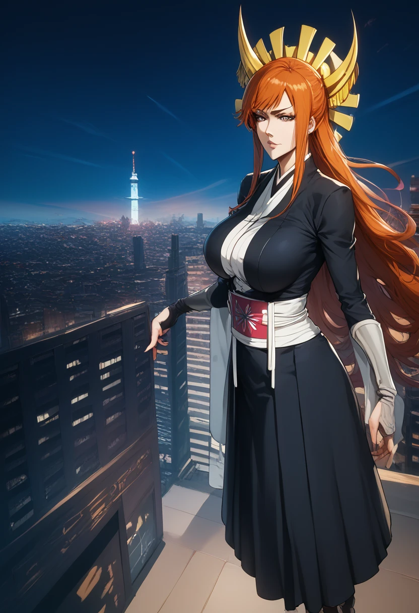  high definition ,  masterpieces , precise,  Best Quality ,  high detail, โมเดล high definition , The angle of the silhouette ,  Background Converter, City view at night, From the Bleach series, Shutara Senjumaru, Long hair,  black hair,  blue eyes, Black pupil,  redhead,  big breasts, Wear a blue dress