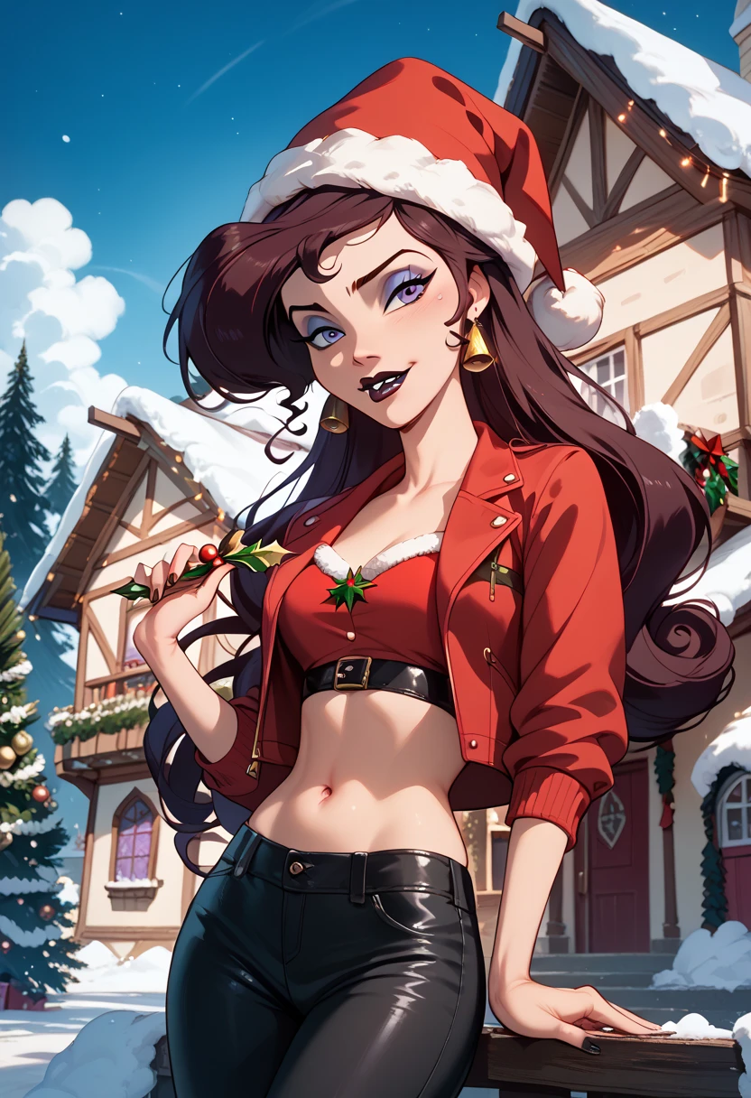 Megara from Disney, Red jacket,  Christmas cap, black lipstick, Makeup purple ,  black pants ,  you can see her navel, in a house. 