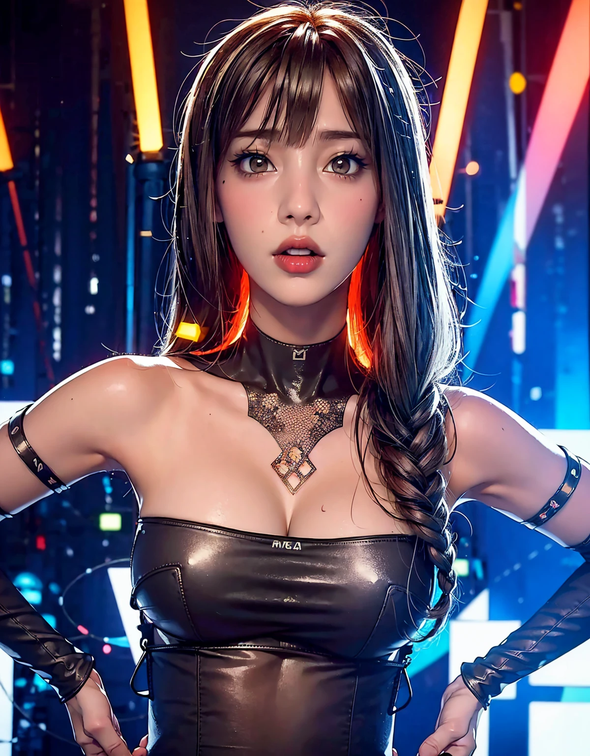 1. Machine Girl ,(( super realistic details )),  portrait,  Global Illuminations , shadow,  octane rendering holding hair with hands, 8k,  ultra sharp ,metal, complicated, Decorative details, cool color,  Learn More About Egypt, highly  complicated details, Realistic Light,  trending at CGSociety , Shining Eyes,  towards the camera , Neon Details,  Mechanical Hands , blood vessels connected to tubes , Mechanical Vertebrae Attached to the Back, x} cervical vertebrae mechanically attached to the neck , sitting, Wires and Cables Connected to the Head 