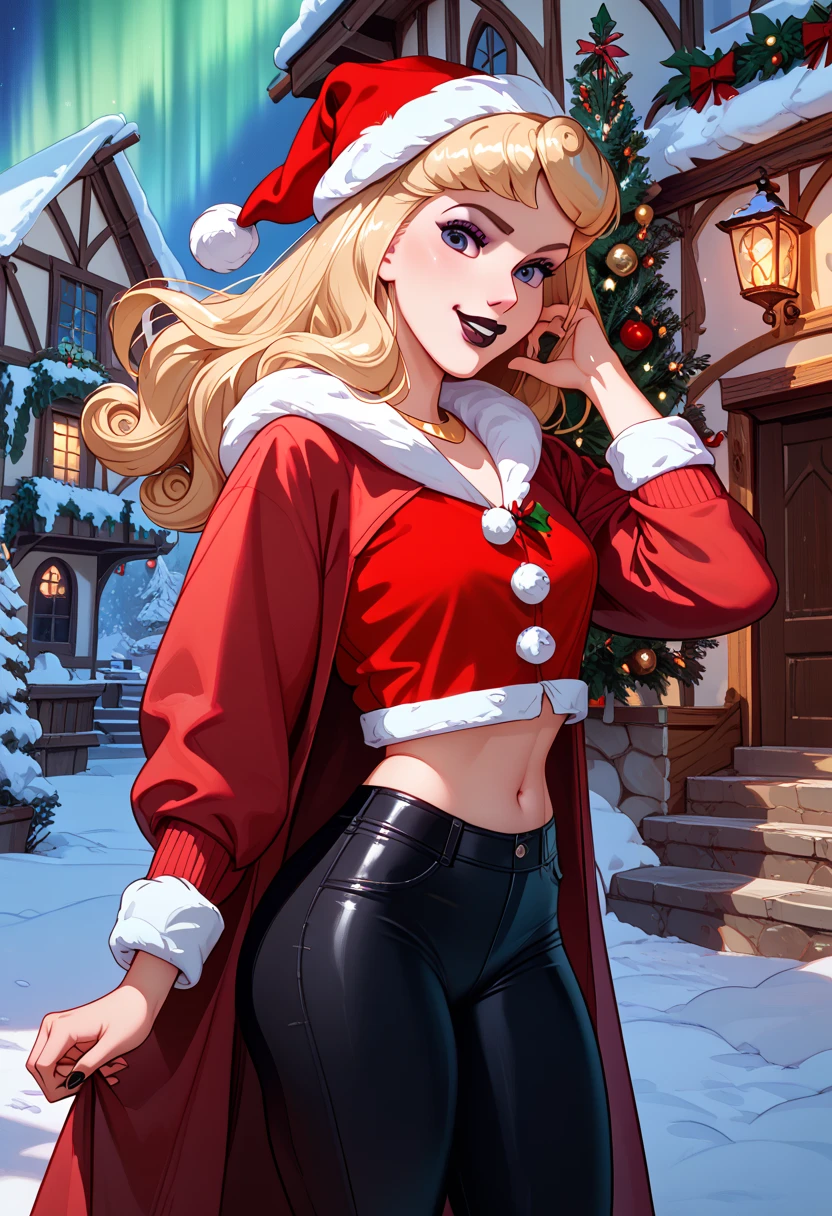 Aurora from Disney, Red jacket,  Christmas cap, black lipstick, Makeup purple ,  black pants ,  you can see her navel, in a house. 