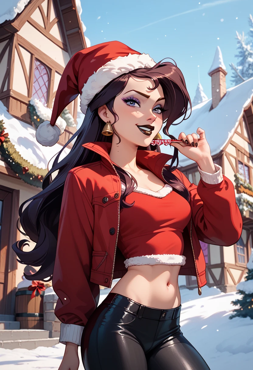 Megara from Disney, Red jacket,  Christmas cap, black lipstick, Makeup purple ,  black pants ,  you can see her navel, in a house. 