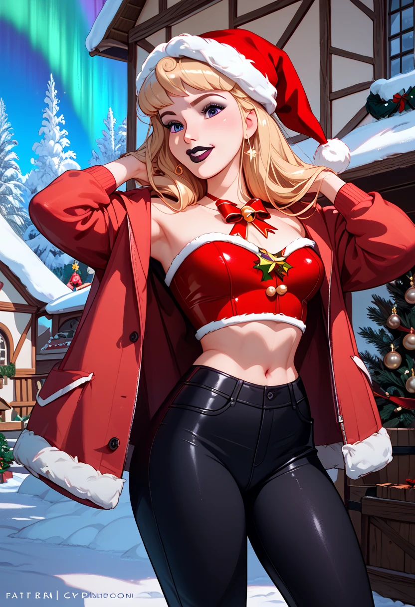 Aurora from Disney, Red jacket,  Christmas cap, black lipstick, Makeup purple ,  black pants ,  you can see her navel, in a house. 