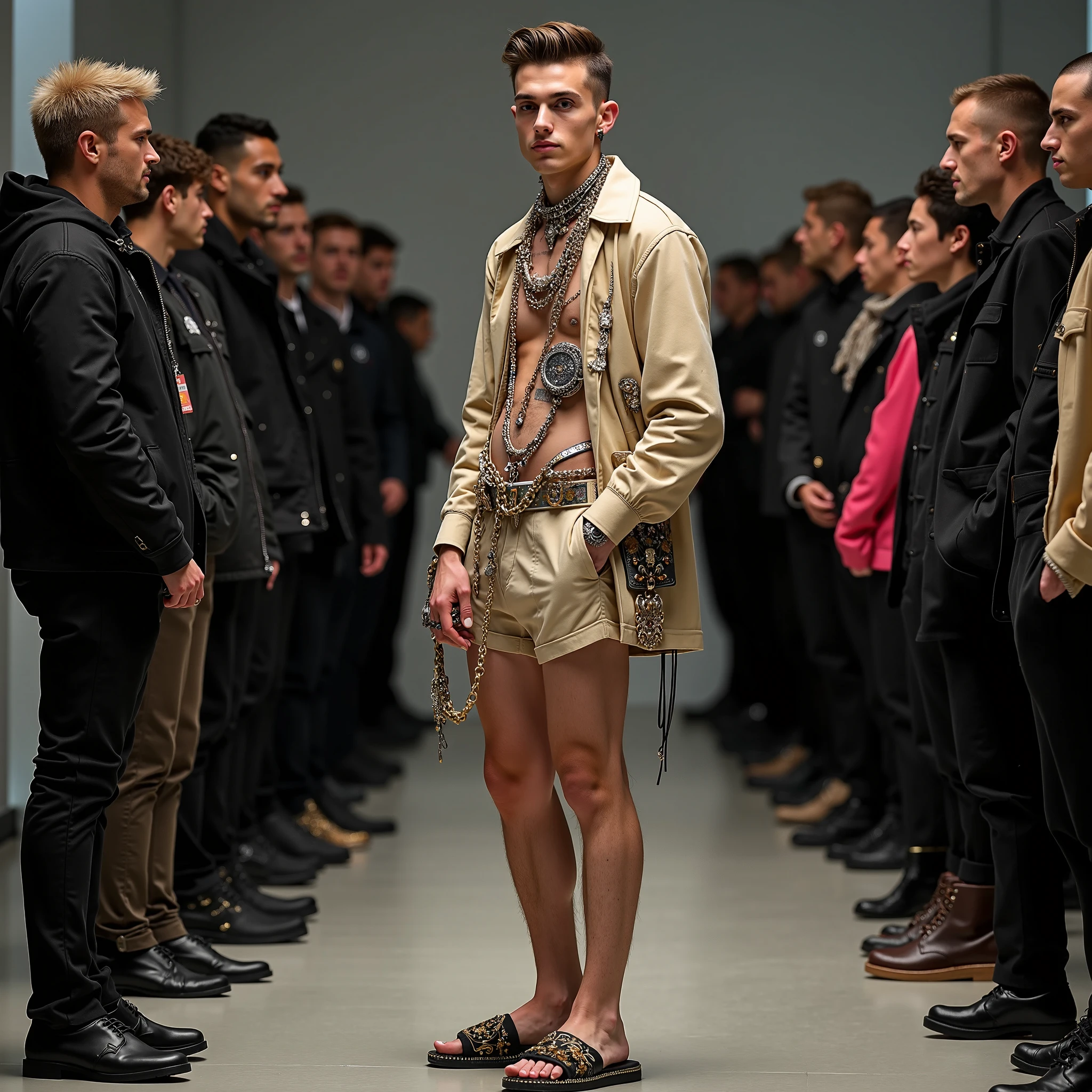 naughty man, age 25, Scrawny, offwhite, baldie, without hair, chic, walking in street, several people passing by him, desfocada 