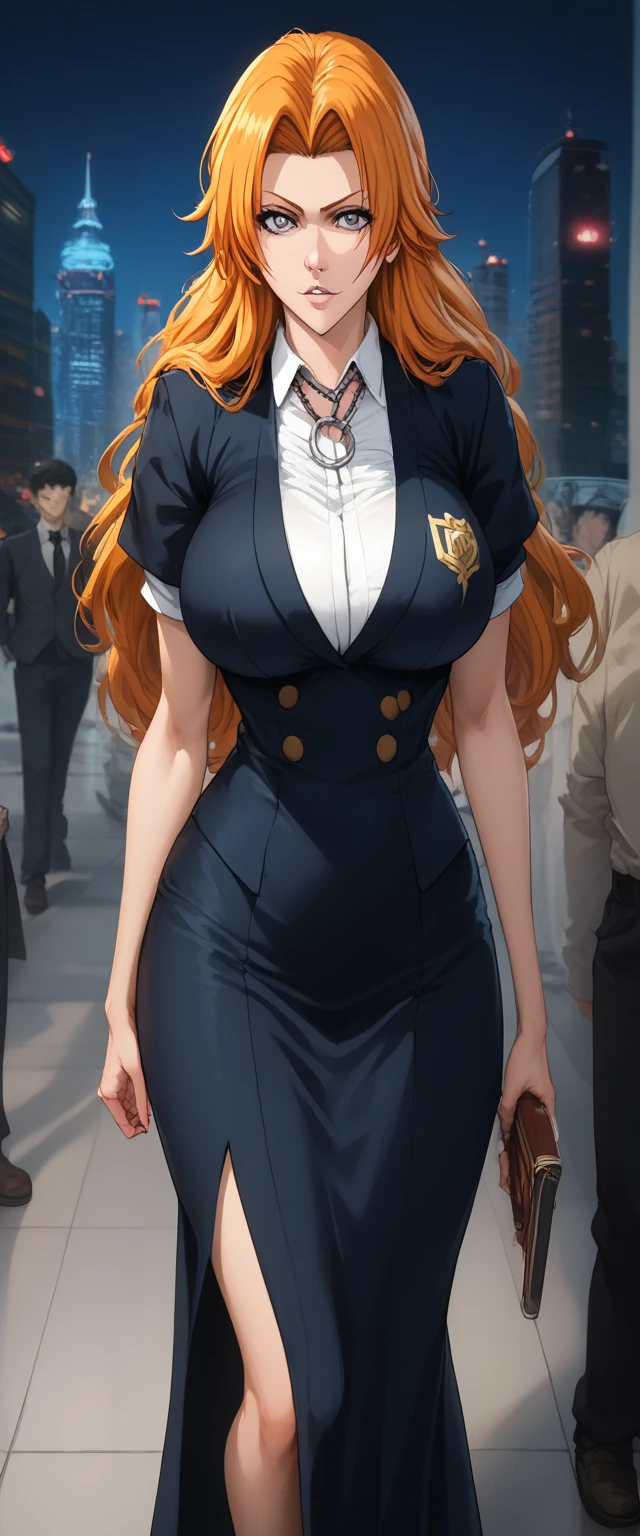  high definition ,  masterpieces , precise,  Best Quality ,  high detail, โมเดล high definition , The angle of the silhouette ,  Background Converter, City view at night, From the Bleach series, Rangiku Matsumoto, Long hair, Orange hair, Gray eyes, Black pupil,  redhead,  big breasts, Wear a blue dress