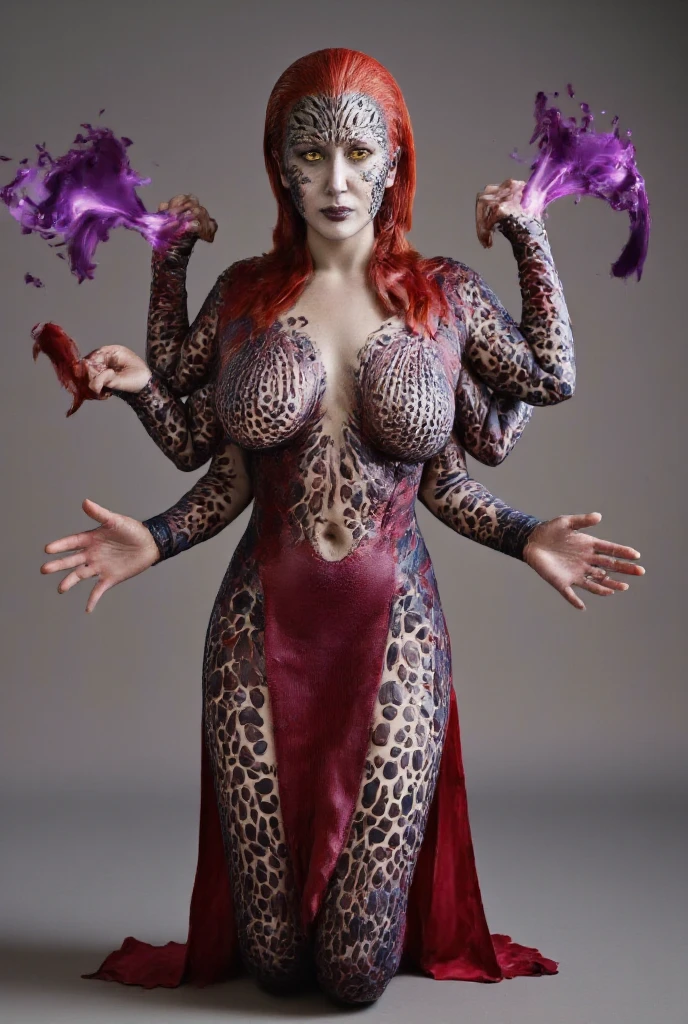 Fusion of Mystique and Scarlet Witch,red hair,auburn hair,long hair,clear face,white face, white skin, white skin with faint blue sheen, left eye green,right eye yellow, form fitting outfit, deep blood red outfit,outfit with swirling green and purple patterns,four armed woman,woman with four arms,fusion of Mystique and Scarlett witch with four arms,two pairs of arms,upper pair of arms,lower pair of arms, upper pair of arms casting spell,lower pair of arms stretched, open cleavage, showing cleavage,seductive look,looking at viewer