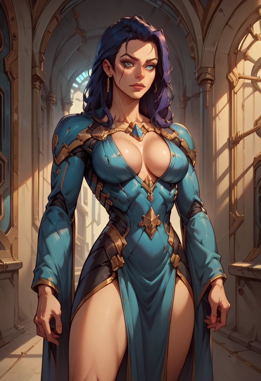 fantasy world, dnd art female, dwarf, (Masterpiece 1.5, intense details), red haired, green eyes, slightly pointred ears, braided hair,(Masterpiece, intense details),cleric, templar, casting a spell (Masterpiece, intense details dnd art) ,wearing white heavy armor with sigils (Masterpiece, intense details). Carrying a flaming axe (Masterpiece 1.5, intense details),Wearing a blue cloak with sigils (Masterpiece 1.4, intense details), holy symbol, radiant yellow light,(Masterpiece, intense details) standing near fantasy setting temple at dawn, sun, backligt, (Masterpiece, intense details) glowing light, ray tracing, reflection light, silhouette, wide shot, panorama, Ultra-Wide Angle, award winning, best quality, HD, 4K, high details,(body builder:1.5),(big boobs),(big breast)