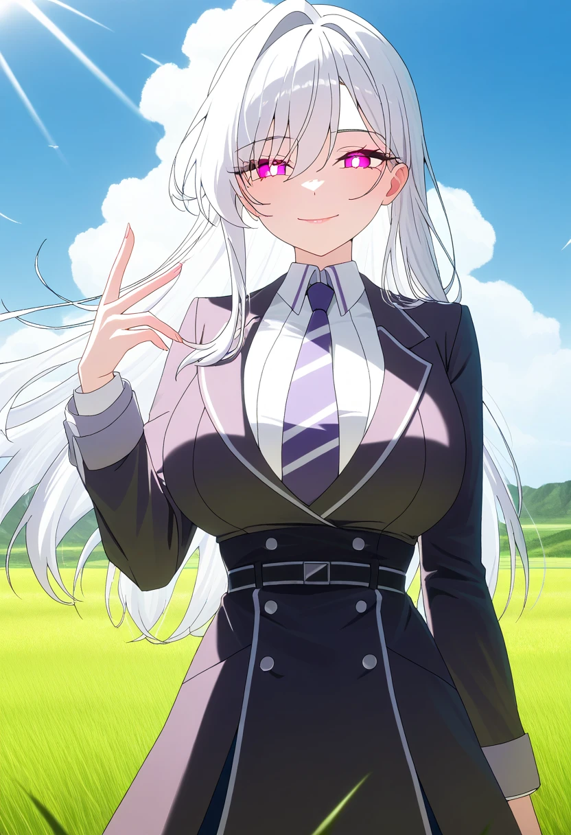  masterpiece ,  best quality , newer, 1 girl,  looking at the viewer ,  gunman shot ,
monte_dama, Ojos rojos,  white hair ,  long hair, perforar el cabello, bright pupils,
 big breasts , Lips, smile, Heart with fingers, 
outdoors, Grass, landscape, cloud, Sunlight, field, summer,  usando un top y colaless deportiva, gran escote