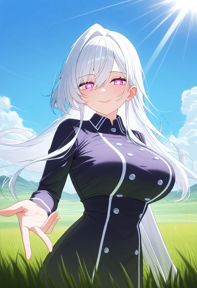  masterpiece ,  best quality , newer, 1 girl,  looking at the viewer ,  gunman shot ,
monte_dama, Ojos rojos,  white hair ,  long hair, perforar el cabello, bright pupils,
 big breasts , Lips, smile, Heart with fingers, 
outdoors, Grass, landscape, cloud, Sunlight, field, summer,  usando un top y colaless deportiva, gran escote