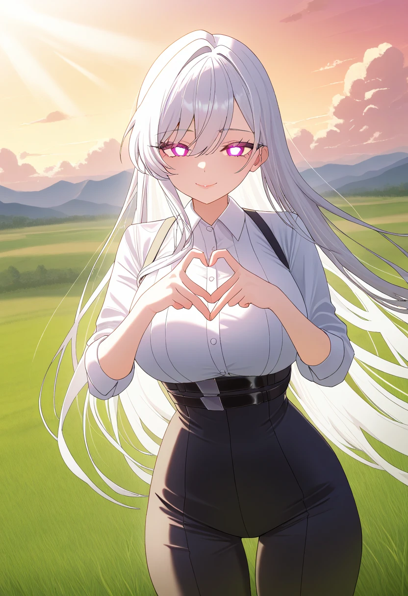  masterpiece ,  best quality , newer, 1 girl,  looking at the viewer ,  gunman shot ,
monte_dama, Ojos rojos,  white hair ,  long hair, perforar el cabello, bright pupils,
 big breasts , Lips, smile, Heart with fingers, 
outdoors, Grass, landscape, cloud, Sunlight, field, summer,  usando un top y colaless deportiva, gran escote