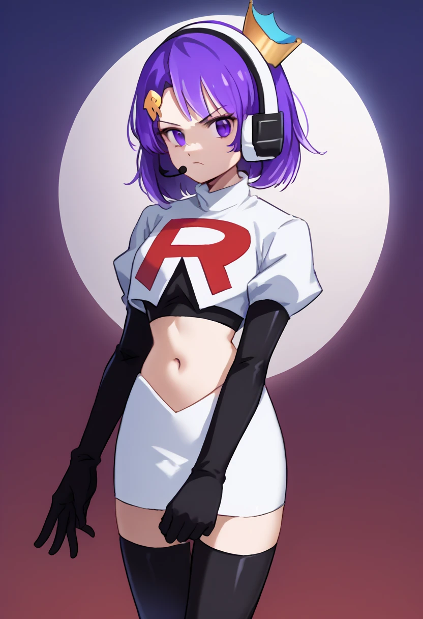 score_9, score_8_up, score_7_up, source_anime, solo, 1girl, twitch-chan, looking at viewer, purple hair, hair ornament, headset, crown, purple eyes, team rocket,team rocket uniform,white skirt,red letter R,crop top,black thigh-highs,black elbow gloves