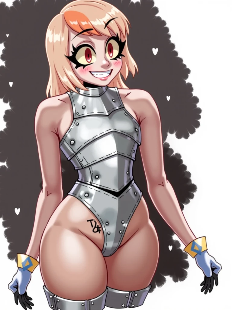 Gwen stacy from spider man, blonde, white spider suit, tight suit, cameltoe, standing, uncomfortable smile on face, 