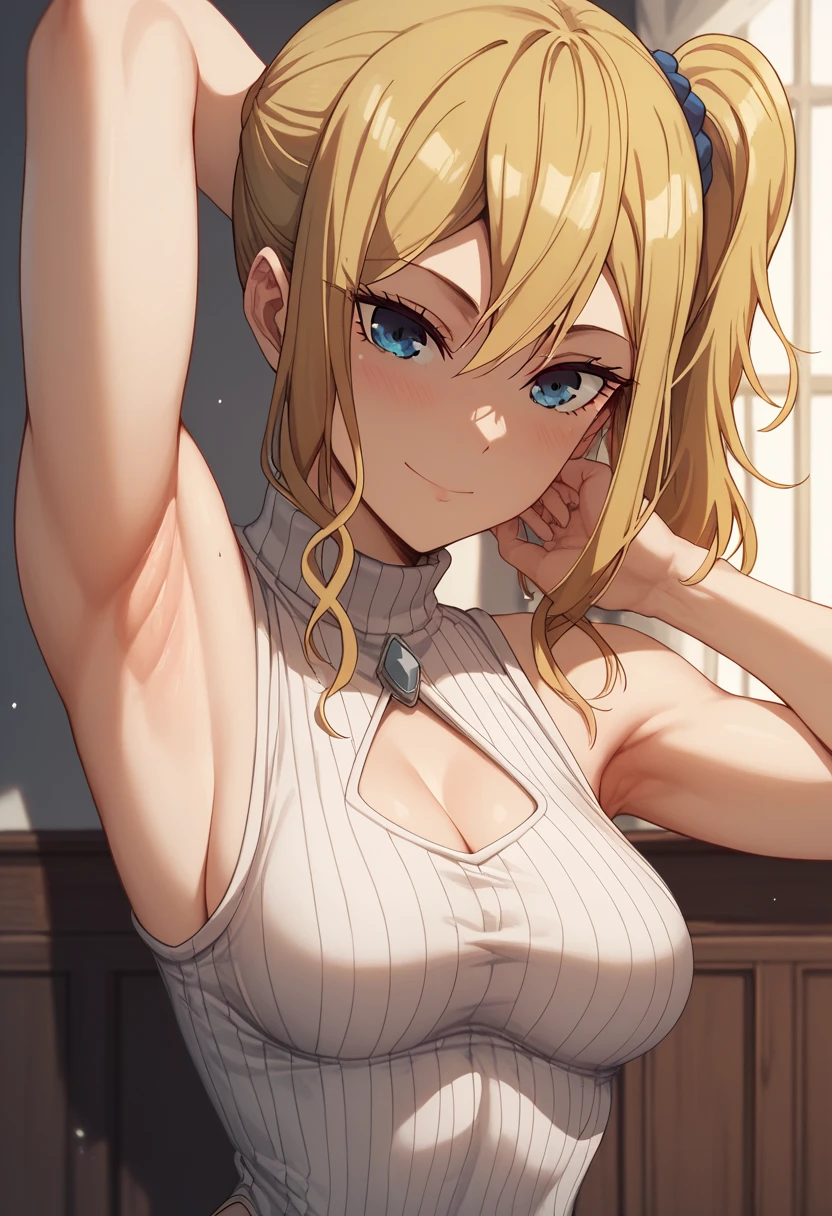 Hayasaka Ai, Pure Shredded Desire Sweater, sleeveless, through leotard, medium sized breasts, armpits, cutout at the bottom of the chest 