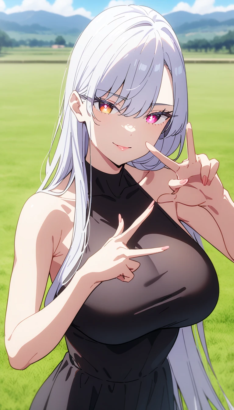  masterpiece ,  best quality , newer, 1 girl,  looking at the viewer ,  gunman shot ,
monte_dama, Ojos rojos,  white hair ,  long hair, perforar el cabello, bright pupils,
 big breasts , Lips, smile, Heart with fingers, 
outdoors, Grass, landscape, cloud, Sunlight, field, summer,  usando un top y colaless deportiva, gran escote