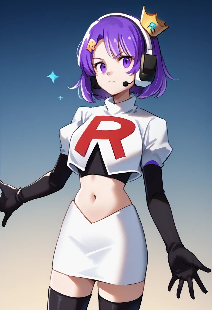 score_9, score_8_up, score_7_up, source_anime, solo, 1girl, twitch-chan, looking at viewer, purple hair, hair ornament, headset, crown, purple eyes, team rocket,team rocket uniform,white skirt,red letter R,crop top,black thigh-highs,black elbow gloves, cowboy shot