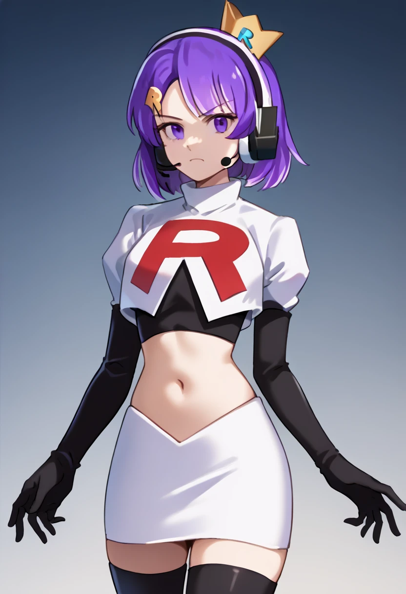 score_9, score_8_up, score_7_up, source_anime, solo, 1girl, twitch-chan, looking at viewer, purple hair, hair ornament, headset, crown, purple eyes, team rocket,team rocket uniform,white skirt,red letter R,crop top,black thigh-highs,black elbow gloves, cowboy shot