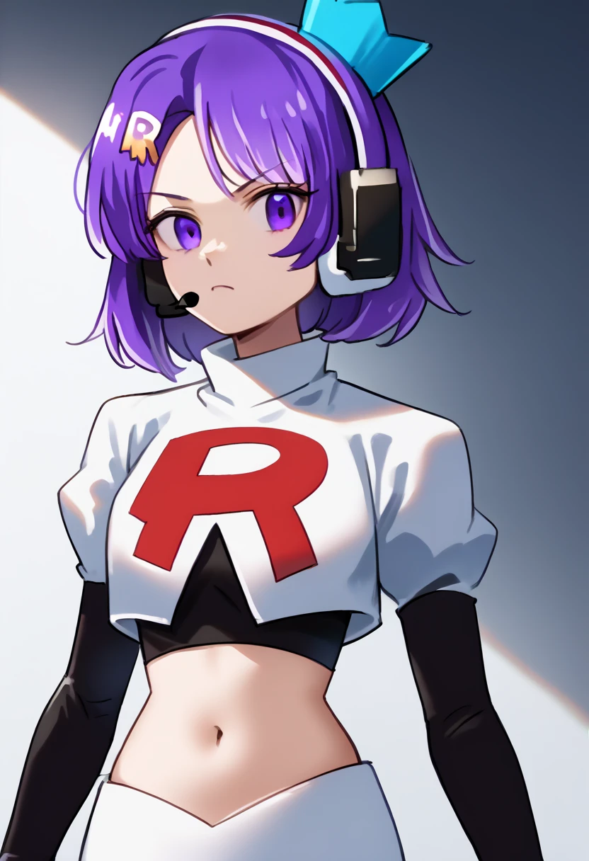 score_9, score_8_up, score_7_up, source_anime, solo, 1girl, twitch-chan, looking at viewer, purple hair, hair ornament, headset, crown, purple eyes, team rocket,team rocket uniform,white skirt,red letter R,crop top,black thigh-highs,black elbow gloves, cowboy shot